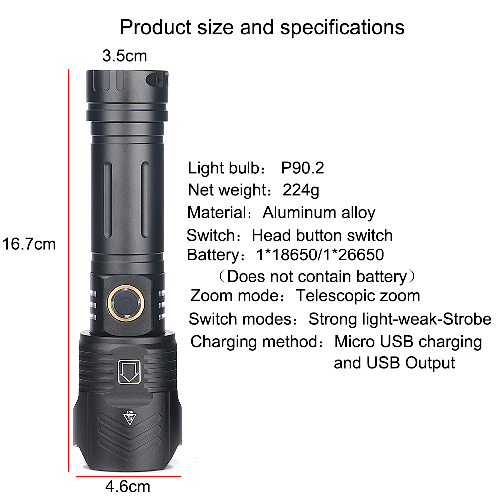 XHP90 Powerful Flashlight Led Rechargeable Lamp Powerful Waterproof  Zoomable USB 26650 Battery Zoom Camp Torch Light